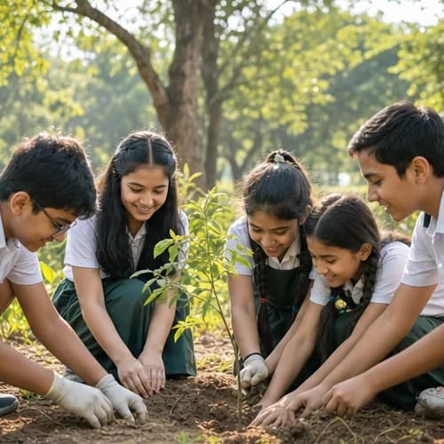 Students planting a young tree on campus
