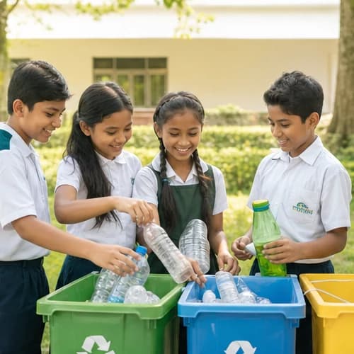 Students sorting plastic bottles for recycling