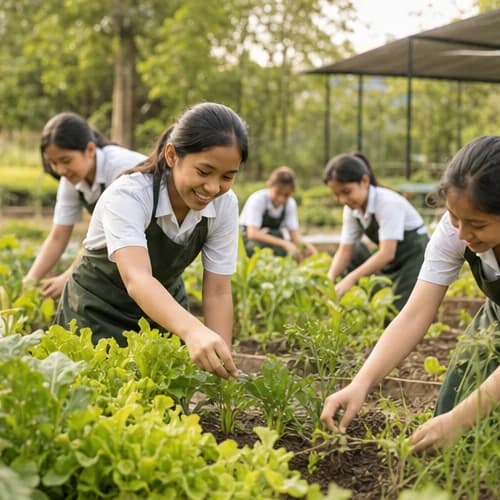 Students caring for vegetables in a school garden